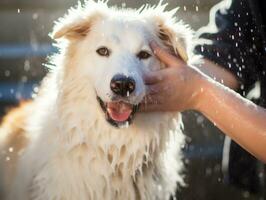 heiter Hund genießen ein Massage beim ein Haustier Spa ai generativ foto