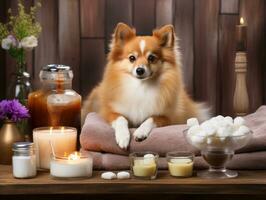 heiter Hund genießen ein Massage beim ein Haustier Spa ai generativ foto