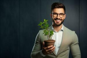 ein beiläufig Mann steht halten ein Grün Pflanze im ein klein Topf. ein unternehmerisch Mitarbeiter ist glücklich mit ein wachsend Pflanze. Anfang Projekte, Gewinne, Investitionen und Wachstum Ideen. ai generativ foto