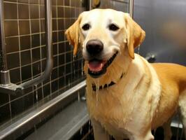 heiter Hund genießen ein Massage beim ein Haustier Spa ai generativ foto