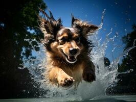 nass und froh Hund springen in ein Schwimmbad auf ein heiß Sommer- Tag ai generativ foto