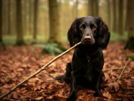 treu Hund mit ein Stock im es ist Mund bereit zum ein Spiel von holen ai generativ foto