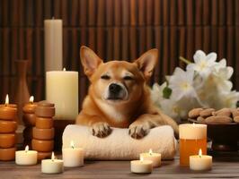 heiter Hund genießen ein Massage beim ein Haustier Spa ai generativ foto