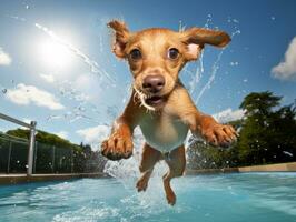 nass und froh Hund springen in ein Schwimmbad auf ein heiß Sommer- Tag ai generativ foto