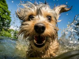 nass und froh Hund springen in ein Schwimmbad auf ein heiß Sommer- Tag ai generativ foto