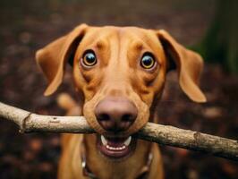 treu Hund mit ein Stock im es ist Mund bereit zum ein Spiel von holen ai generativ foto