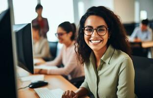 Porträt von jung Frau Arbeiten auf Laptop Computer im modern Büro, zuversichtlich Mitarbeiter lächelnd glücklich während Arbeiten mit Mitarbeiter. ai generativ foto