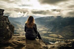 zurück Aussicht von ein Frau Sitzung allein beim das groß Berge. ai generativ foto