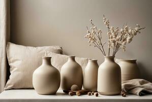 Keramik Vasen mit getrocknet Blumen auf Regal auf grau Hintergrund. ai generativ foto