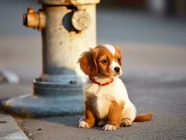 süß Hündchen Sitzung durch ein Feuer Hydrant ai generativ foto