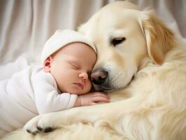 liebend Hund kuscheln ein Neugeborene Baby im ein Krippe ai generativ foto