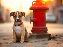 süß Hündchen Sitzung durch ein Feuer Hydrant ai generativ foto