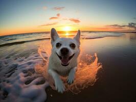 glücklich Hund spielen auf das Strand ai generativ foto