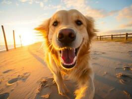 glücklich Hund spielen auf das Strand ai generativ foto