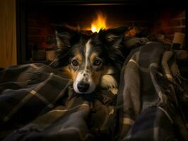 boshaft Hund spähen aus von ein gemütlich Decke Fort ai generativ foto