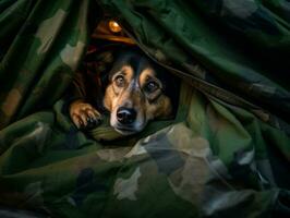 boshaft Hund spähen aus von ein gemütlich Decke Fort ai generativ foto