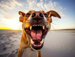 glücklich Hund spielen auf das Strand ai generativ foto