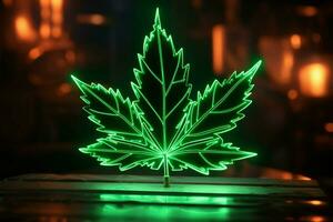 beschwingt Grün Neon- Logo mit ein Fett gedruckt Cannabis Blatt Symbol ai generiert foto