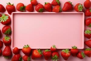 Bild Rahmen gefertigt mit Erdbeeren, Sanft Rosa matt, und rot ai generiert foto