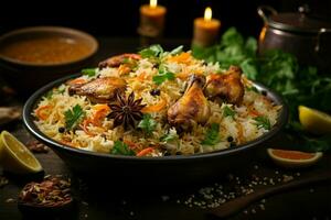 köstlich Hähnchen Biryani mit ein Seite von aromatisch gedämpft Basmati Reis ai generiert foto