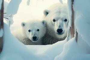 Polar- Bär Mutter und Jungtier Teilen ein herzerwärmend Moment im ein schneebedeckt den ai generiert foto