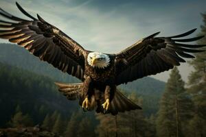 majestätisch kahl Adler steigt, Flügel ausgestreckt im ein anmutig Flug ai generiert foto