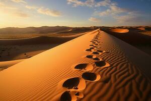Fußabdrücke sagen das Geschichte von Naturen Besuch auf ein Sand Düne ai generiert foto