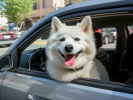 glücklich Hund Reiten im ein Auto mit es ist Kopf aus das Fenster ai generativ foto