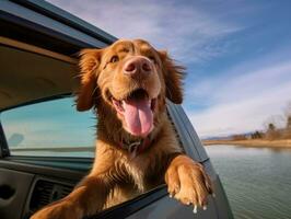 glücklich Hund Reiten im ein Auto mit es ist Kopf aus das Fenster ai generativ foto