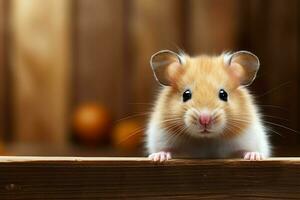 schließen oben von ein süß Hamster, flauschige Wangen, rustikal hölzern Hintergrund ai generiert foto