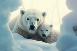 herzerwärmend Szene von ein Polar- Bär Mutter und Jungtier im schneebedeckt Umarmung ai generiert foto