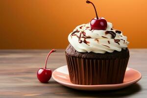 üppig Schokolade Cupcake gekrönt mit ein beschwingt rot Kirsche ai generiert foto