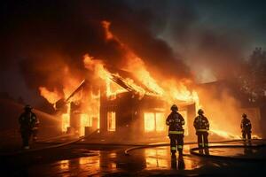 Feuerwehrleute Arbeit zusammen zu löschen ein lodernd Haus ai generiert foto