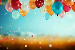 Luftballons im beschwingt Farben auf ein Konfetti gefüllt, freudig texturiert Hintergrund ai generiert foto