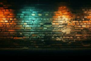 ein Grunge Backstein Mauer mit texturiert bewirken und zeitgenössisch Erleuchtung ai generiert foto