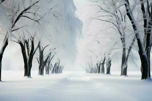 schneebedeckt Straße im ein alt, silhouettiert Wald gegen ein Weiß Hintergrund ai generiert foto