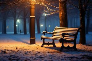 städtisch Park Bank, glühen mit Winter Beleuchtung, ein heiter Abend Szene ai generiert foto