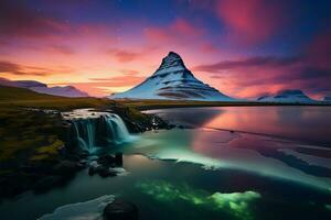 Nord Beleuchtung Farbe das Nacht Himmel Über kirkjufell Berg im Island ai generiert foto