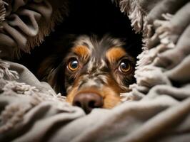 boshaft Hund spähen aus von ein gemütlich Decke Fort ai generativ foto