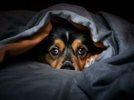 boshaft Hund spähen aus von ein gemütlich Decke Fort ai generativ foto