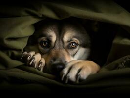 boshaft Hund spähen aus von ein gemütlich Decke Fort ai generativ foto