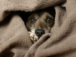 boshaft Hund spähen aus von ein gemütlich Decke Fort ai generativ foto