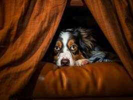 boshaft Hund spähen aus von ein gemütlich Decke Fort ai generativ foto