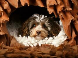 boshaft Hund spähen aus von ein gemütlich Decke Fort ai generativ foto