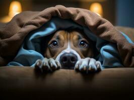 boshaft Hund spähen aus von ein gemütlich Decke Fort ai generativ foto