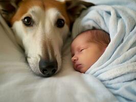 liebend Hund kuscheln ein Neugeborene Baby im ein Krippe ai generativ foto