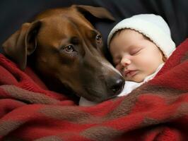 liebend Hund kuscheln ein Neugeborene Baby im ein Krippe ai generativ foto