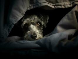 boshaft Hund spähen aus von ein gemütlich Decke Fort ai generativ foto