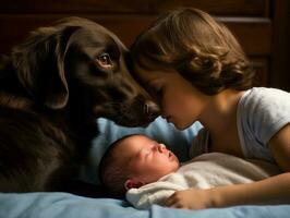 liebend Hund kuscheln ein Neugeborene Baby im ein Krippe ai generativ foto
