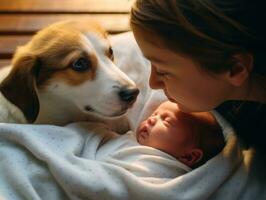 liebend Hund kuscheln ein Neugeborene Baby im ein Krippe ai generativ foto